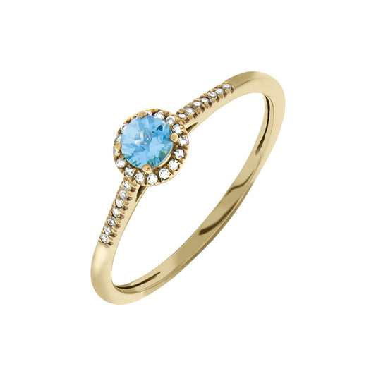 Ring 375 yellow gold with blue topaz and 30 diamonds