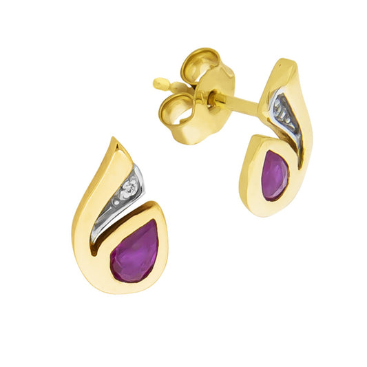 Stud earrings 333 yellow gold bicolor - 2 rubies and 2 zirconia