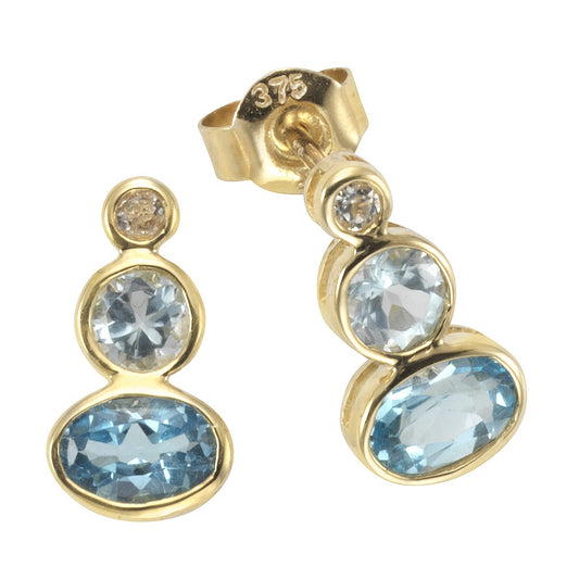 Stud earrings 375/- yellow gold with blue topaz/white topaz