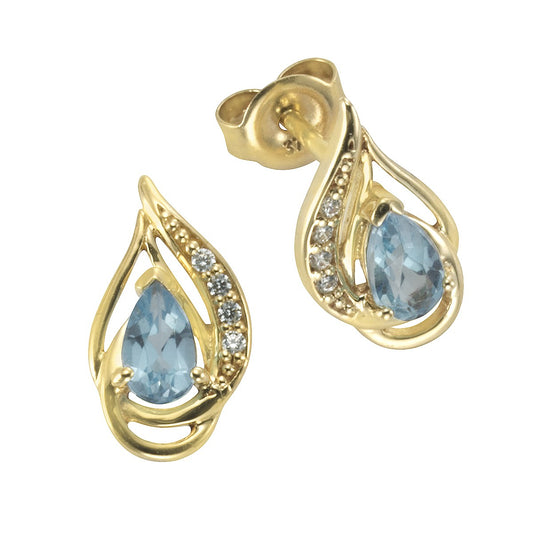 Stud earrings 375/- yellow gold with blue topaz/zirconia