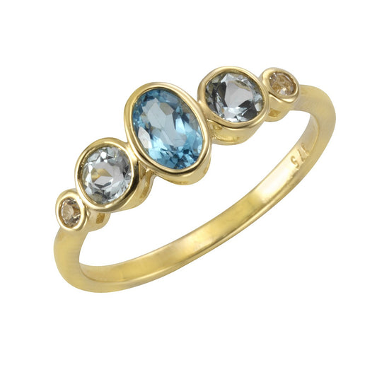 Ring 375/- yellow gold with blue topaz/white topaz