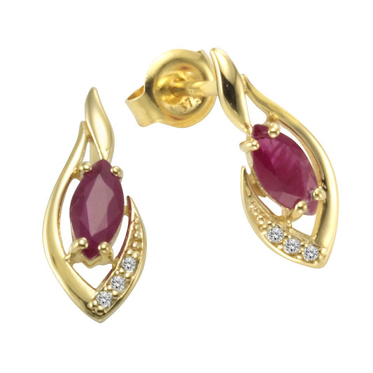 Stud earrings 375/- gold with ruby ​​white topaz