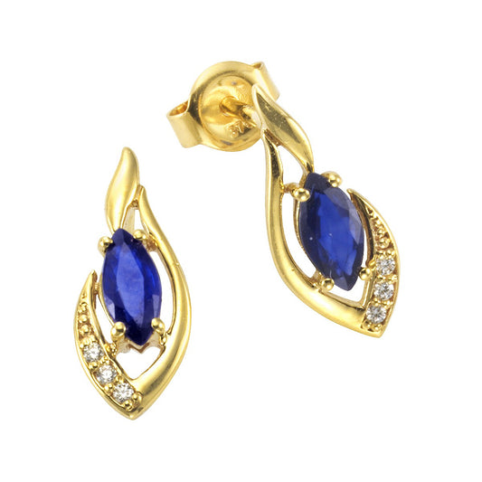 Stud earrings 375/- yellow gold with sapphire white topaz