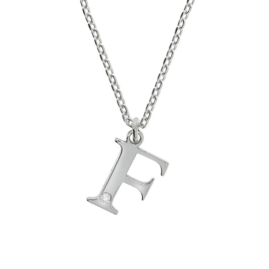 Anhänger Buchstabe F mit Kette Flachpanzerkette 925/- Sterling Silber rhodiniert 45+3cm Diamant 0,008ct.