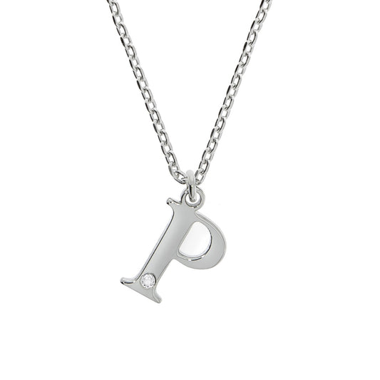 Anhänger Buchstabe P mit Kette Flachpanzerkette 925/- Sterling Silber rhodiniert 45+3cm Diamant 0,008ct.