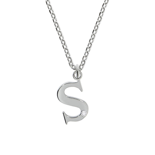 Anhänger Buchstabe S mit Kette Flachpanzerkette 925/- Sterling Silber rhodiniert 45+3cm Diamant 0,008ct.