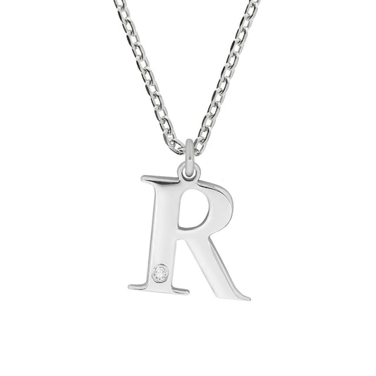 Anhänger Buchstabe R mit Kette Flachpanzerkette 925/- Sterling Silber rhodiniert 45+3cm Diamant 0,008ct.